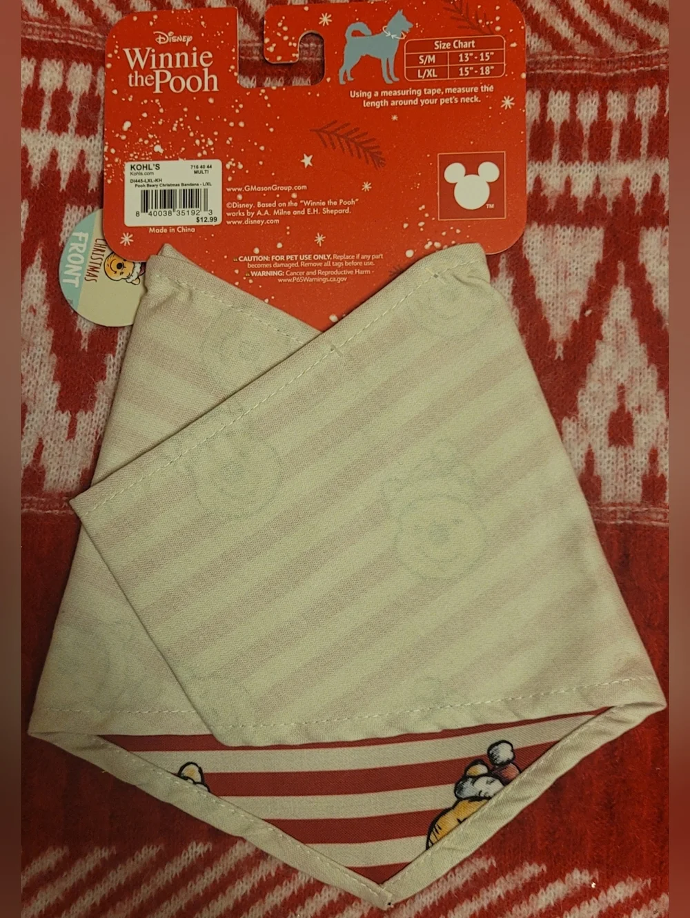 Disney Winnie the Pooh Cream & Red Striped Reversible Pet Bandana, L/XL